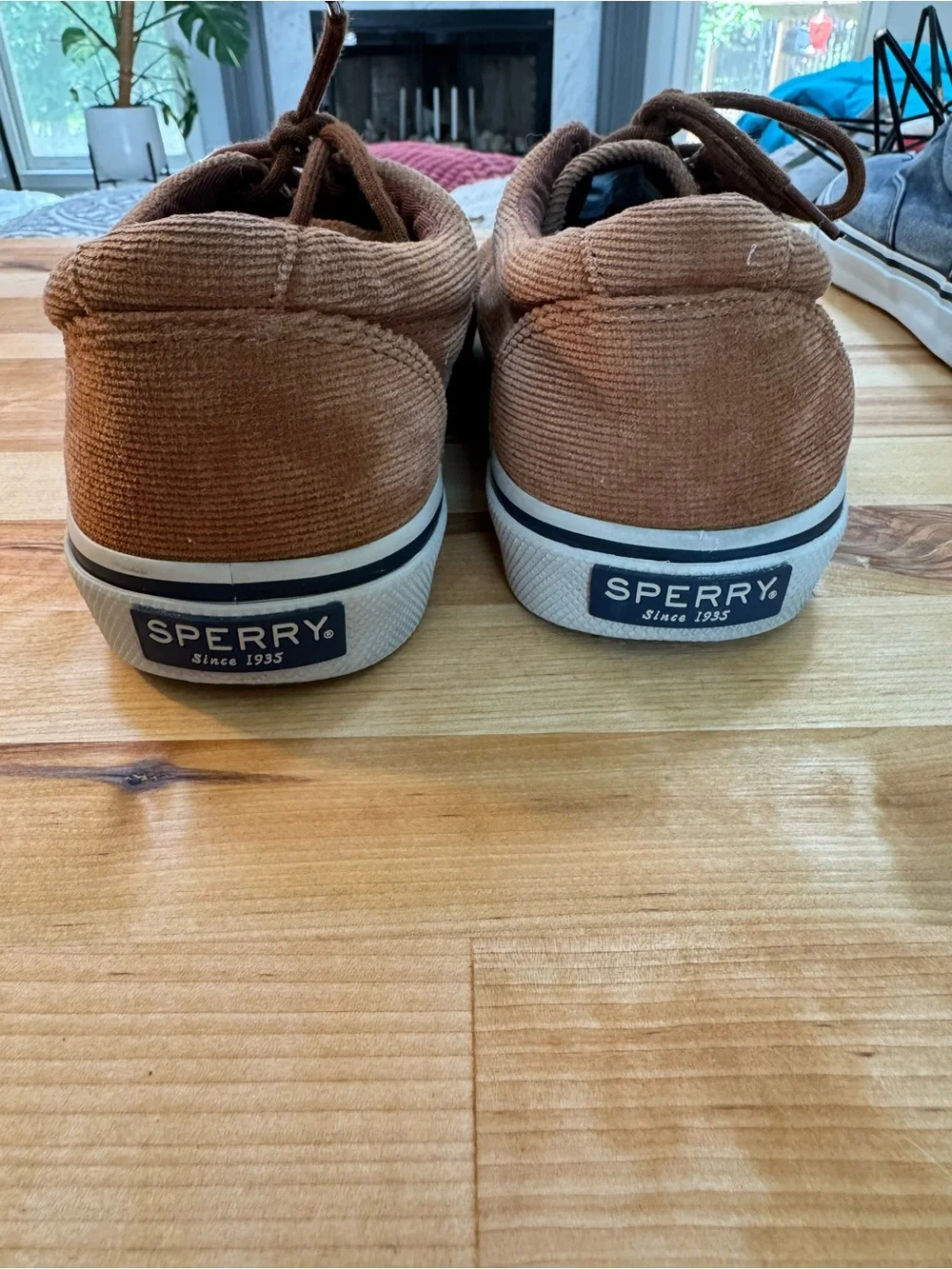 Sperry Men’s Tan Corduroy Boat Shoes with White Midsole